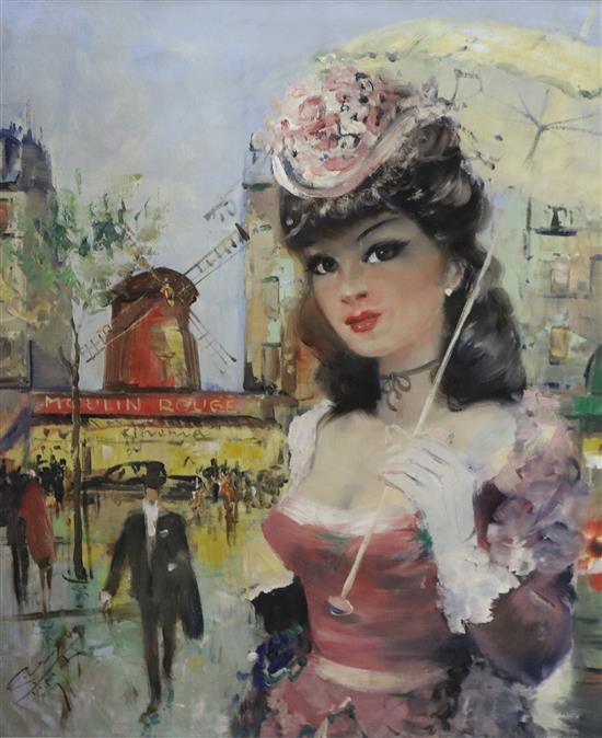 French School Young woman before the Moulin Rouge 60 x 50cm